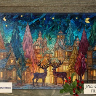 Stained glass window effect Christmas chopping board designs with festive gonk, reindeer, snowman, and winter village themes