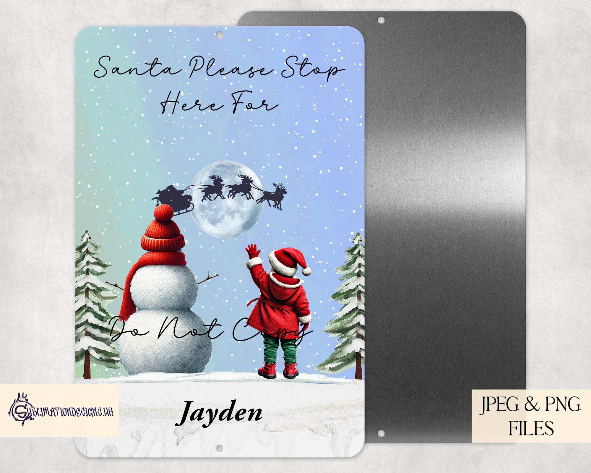 Santa’s Wave design showing children waving to Santa beside a snowman