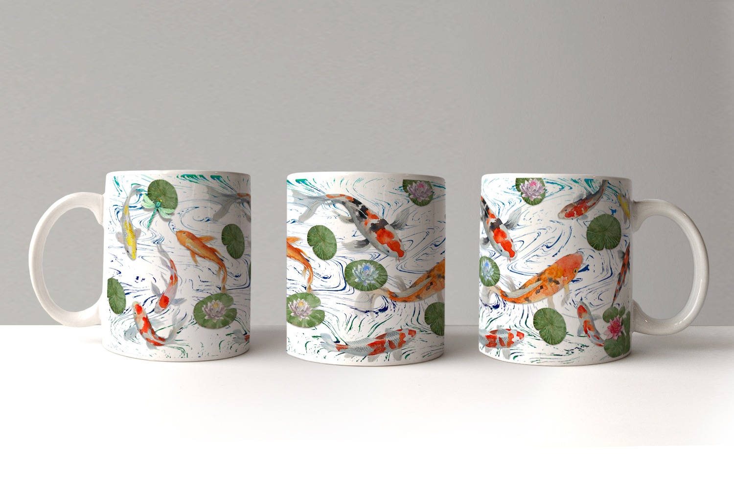 Koi carp mug wrap sublimation designs in a range of colours for mugs and coasters