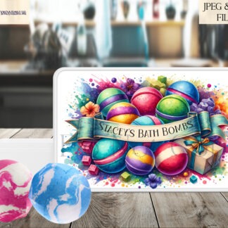 Bath Bomb Designs Bundle with 20+ glitter, pastel and vibrant variations including mug wraps and A4 tin designs with mock-ups