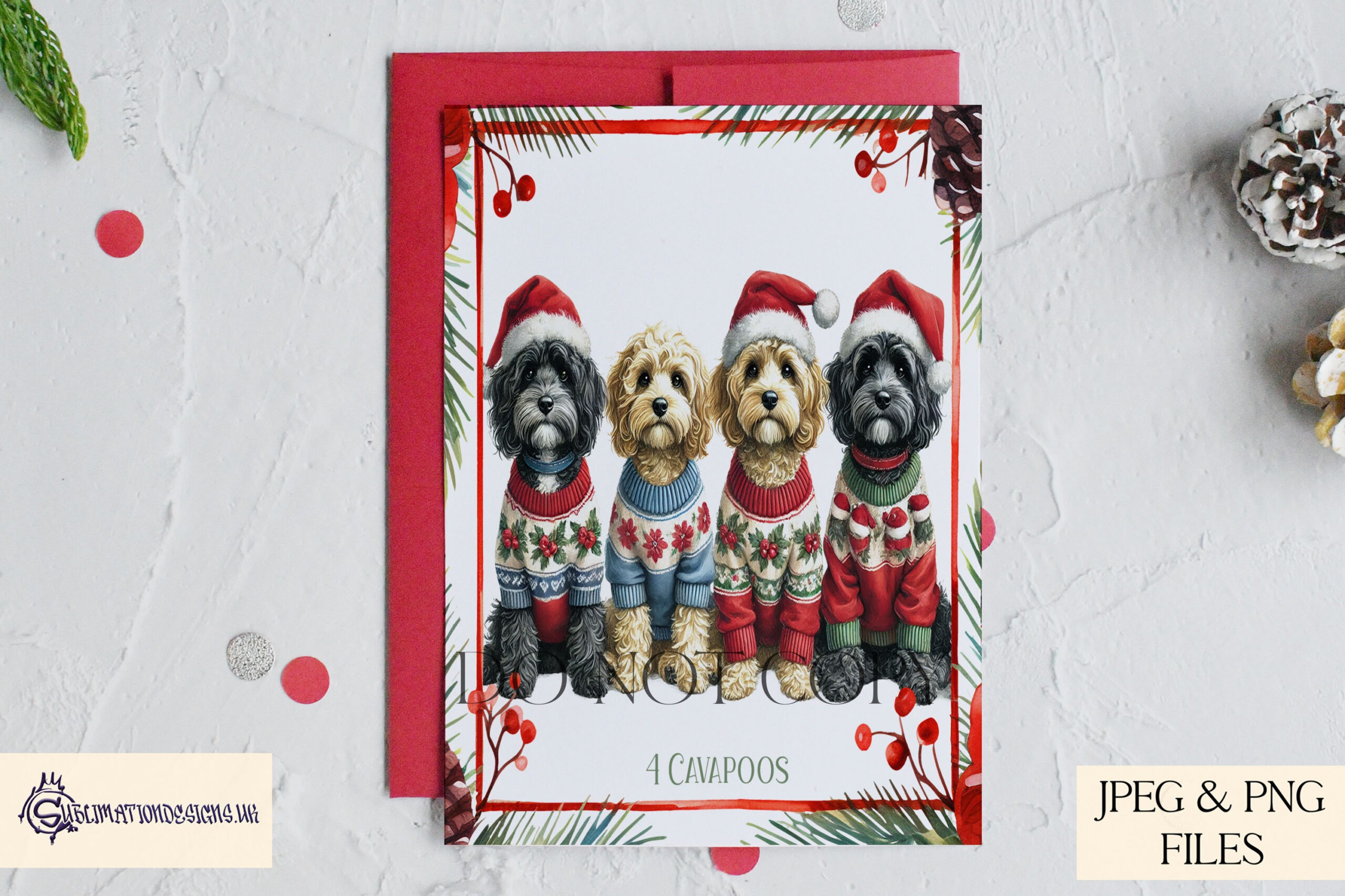 12 Dogs of Christmas Designs featuring festive dog illustrations inspired by the 12 Days of Christmas