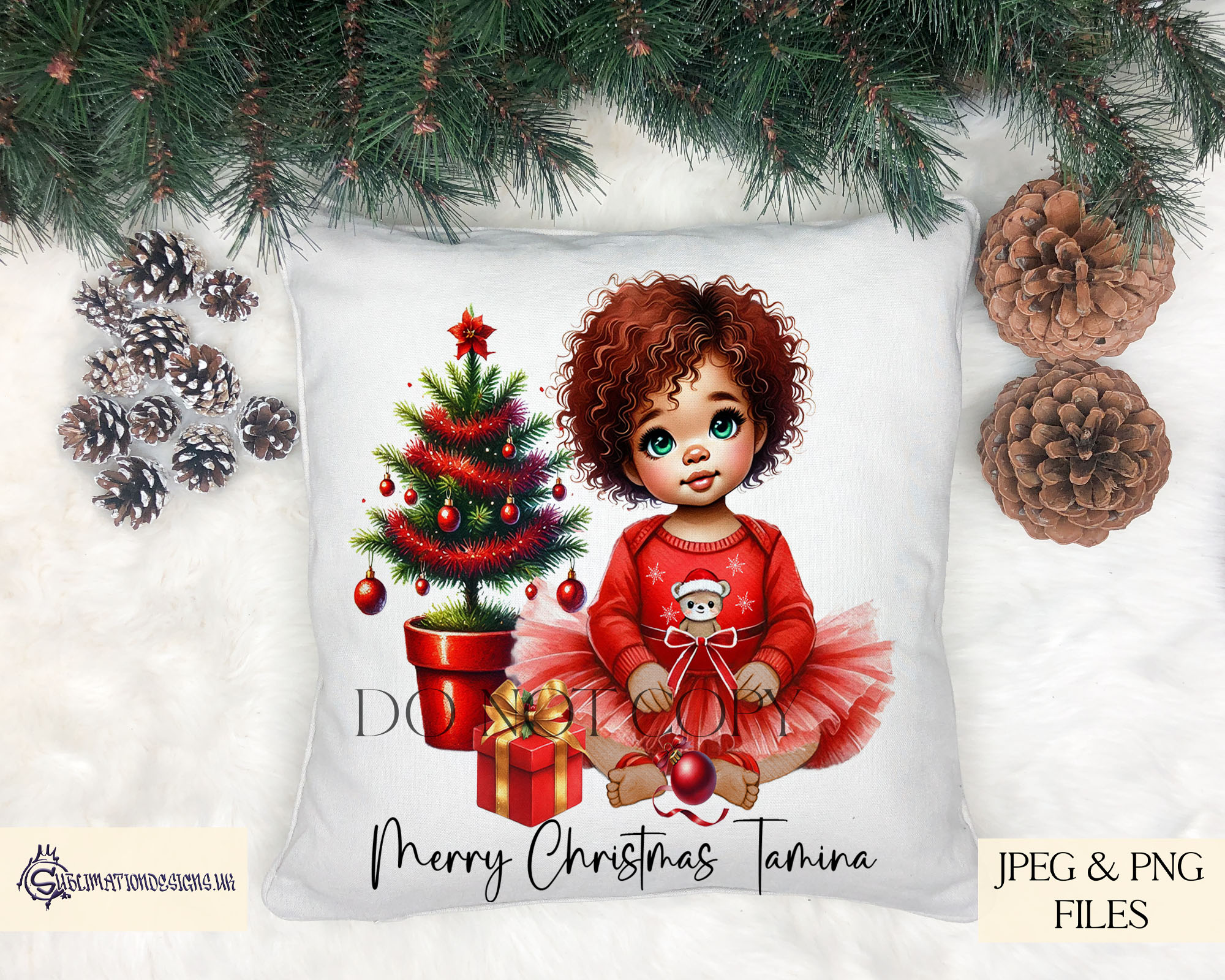 Cute Baby Girls at Christmas Clip Art Set | 30 Designs with Hair & Eye Variations | JPEG & PNG | 4 Mock-Ups | 500 Product Licence Description: Spread festive cheer with our Cute Baby Girls at Christmas Clip Art Set! This delightful collection features 30 unique designs of adorable baby girls in Christmas attire, perfect for adding a touch of cuteness to your holiday products. These designs are perfect for creating personalized holiday items such as cushions, baubles, holiday cards, apparel, mugs, ornaments, and so much more. With various hairstyles, hair colours, and eye colour options (Green, Brown, and Blue), this set has something for everyone. What You Get: 30 Designs Featuring: • 9 Different Baby Girls – Each with various hairstyles and hair colours to suit different tastes • Eye Colour Options – Green, Brown, and Blue eyes for added customization • 3 "1st Christmas" PNG Designs – Perfect for celebrating a baby's first Christmas • Formats: JPEG and PNG (high-resolution) • Mock-Ups: 4 mock-ups showcasing your designs on various products • Commercial Licence: Covers up to 500 physical products How to Use: • Choose Your Design: Select from the variety of baby girls and eye colour options to match your product theme • Add Finishing Touches: Use the "1st Christmas" PNG designs to personalize items for baby's first holiday • Create & Share: Ideal for use on holiday cards, apparel, ornaments, and more Important Notes: • End Product Use Only: These designs are for physical product creation only and cannot be resold or shared digitally • Ownership: Designs are owned by DAB Digital Designs Limited • Licence: Licence allows for up to 500 physical products. A new licence is required for further production