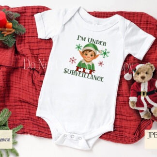 Under Elf Surveillance Set featuring 4 elf designs in red and green with wording and optional background