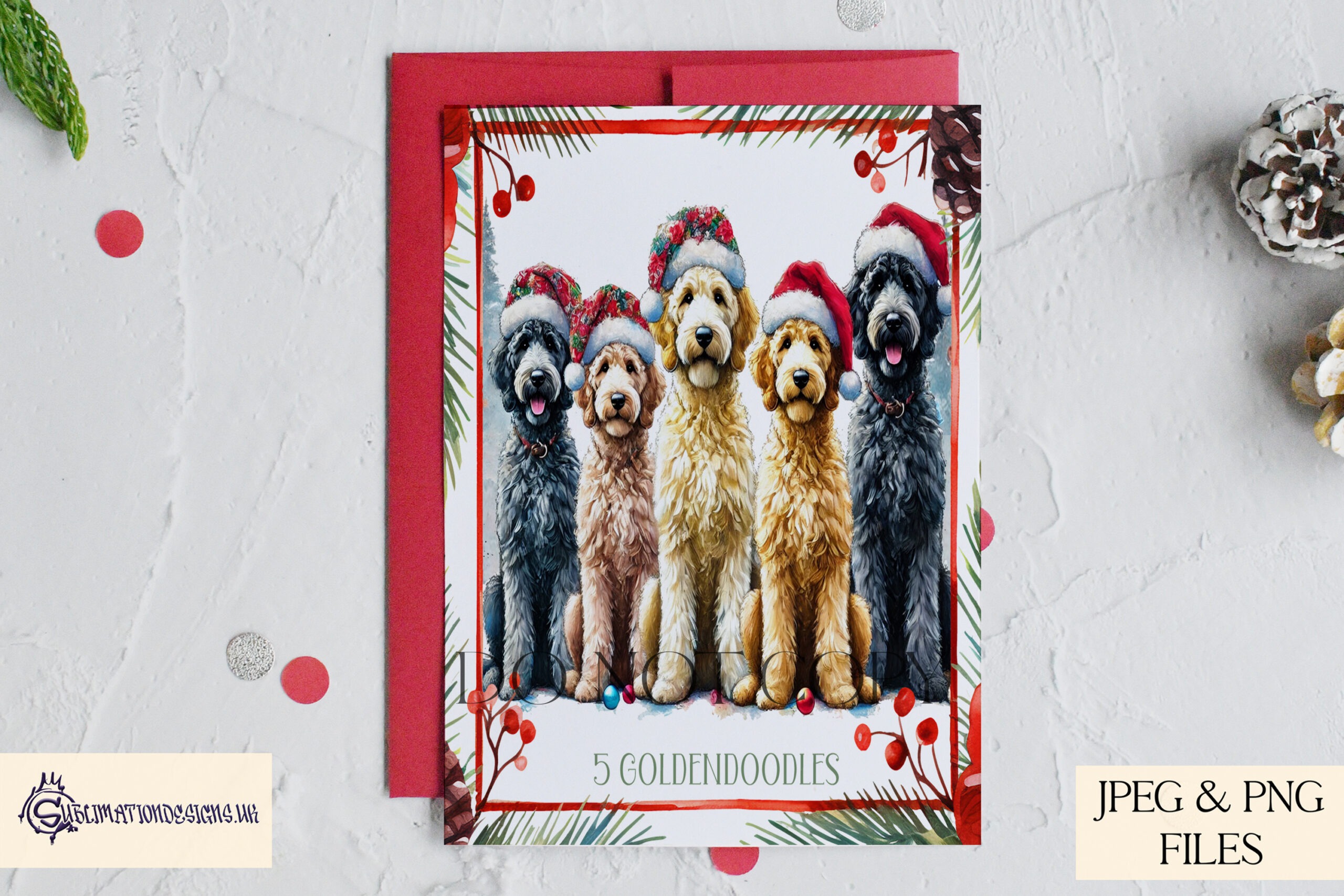 12 Dogs of Christmas Designs featuring festive dog illustrations inspired by the 12 Days of Christmas