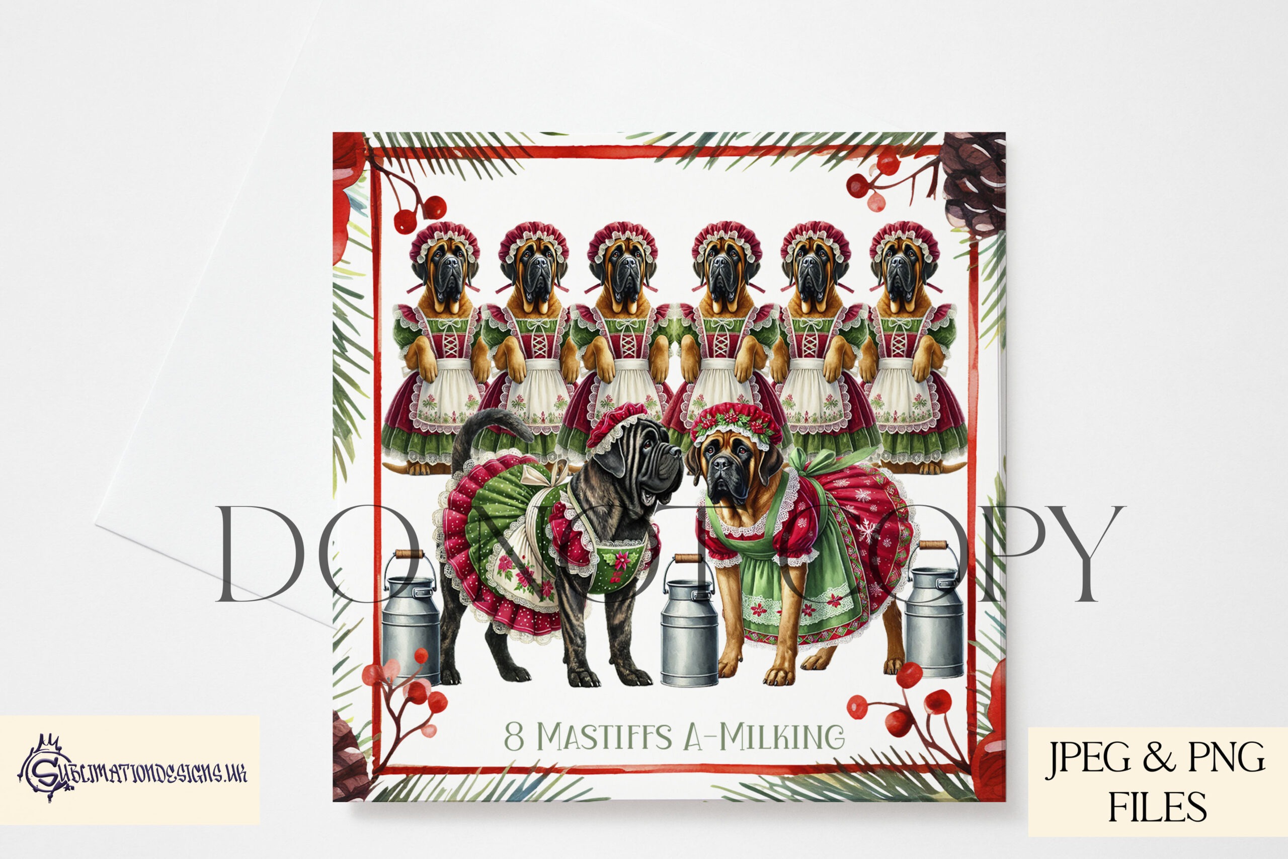 12 Dogs of Christmas Designs featuring festive dog illustrations inspired by the 12 Days of Christmas