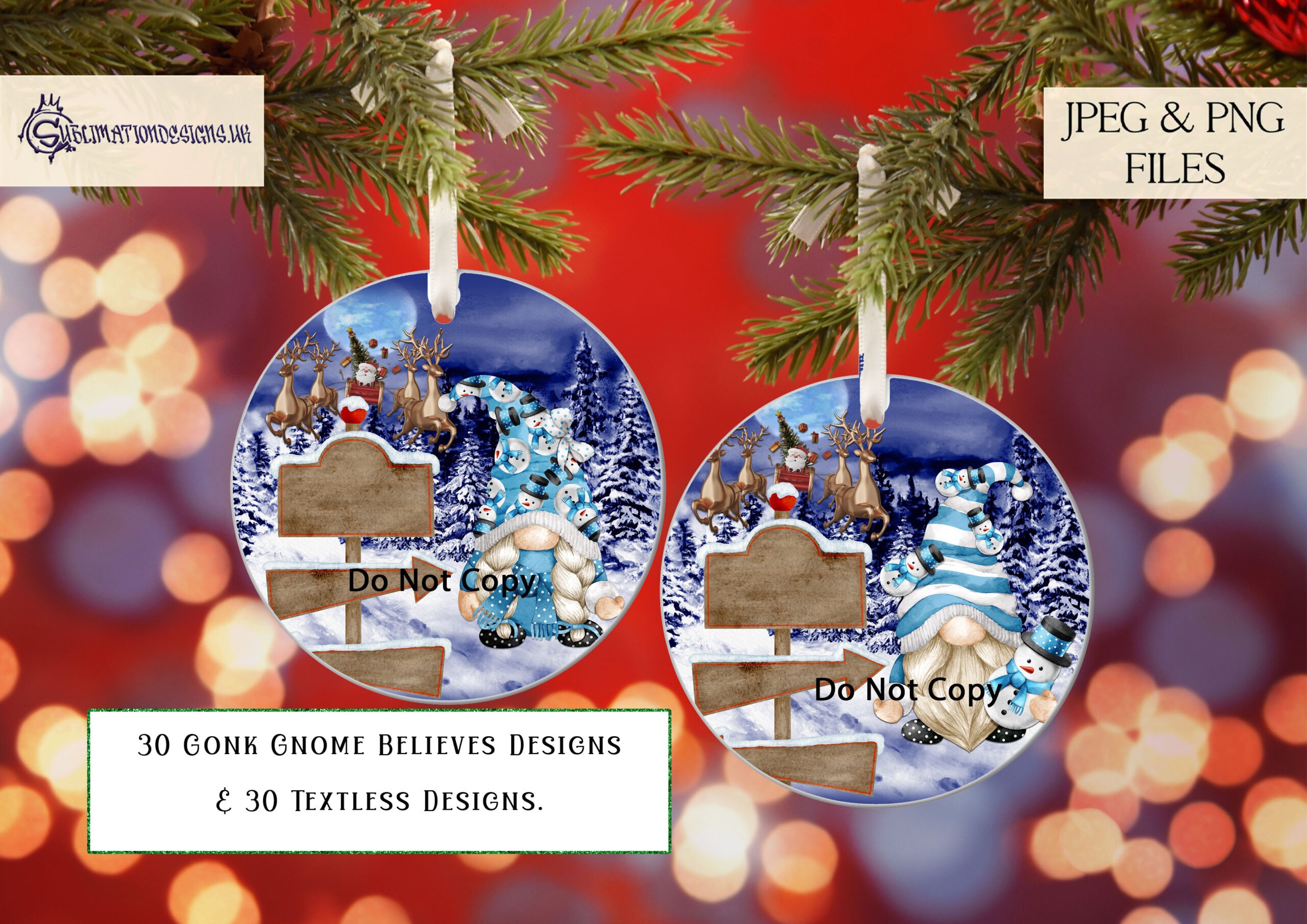 Circular Christmas bauble designs featuring gonks, snowmen, gingerbread, and whimsical dolls