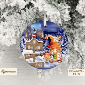 Circular Christmas bauble designs featuring gonks, snowmen, gingerbread, and whimsical dolls