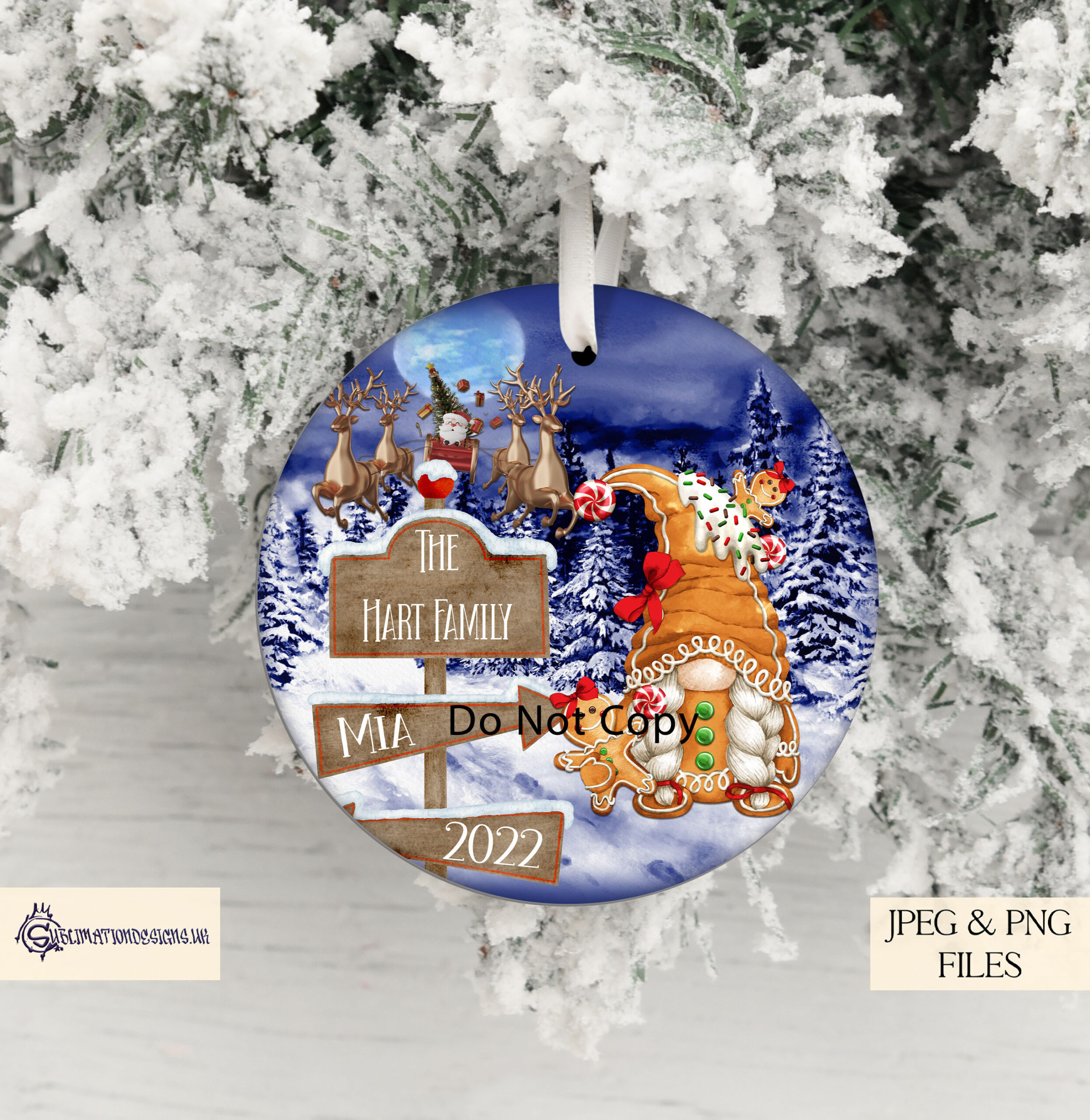 Circular Christmas bauble designs featuring gonks, snowmen, gingerbread, and whimsical dolls