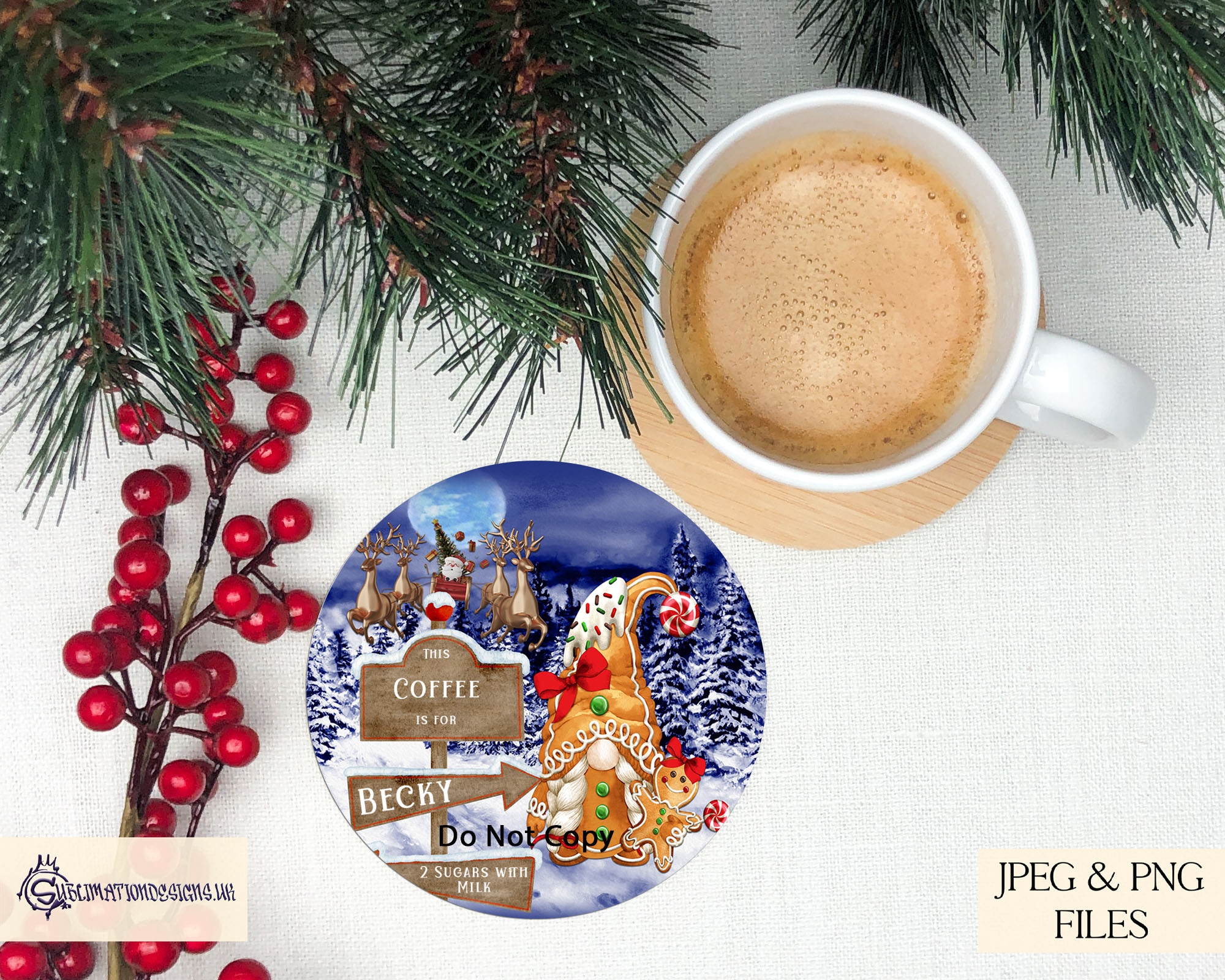 Circular Christmas bauble designs featuring gonks, snowmen, gingerbread, and whimsical dolls