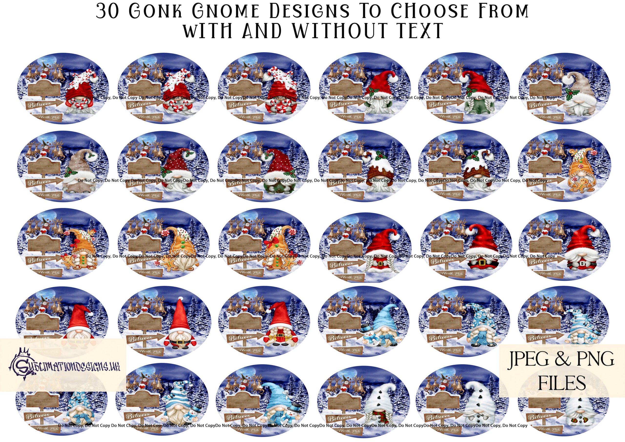 Circular Christmas bauble designs featuring gonks, snowmen, gingerbread, and whimsical dolls