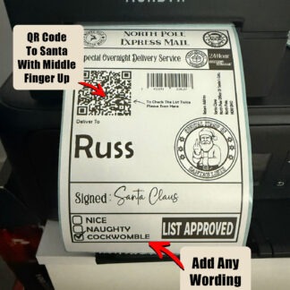 Adult humour North Pole post labels with naughty list designs, featuring QR codes and cheeky phrases