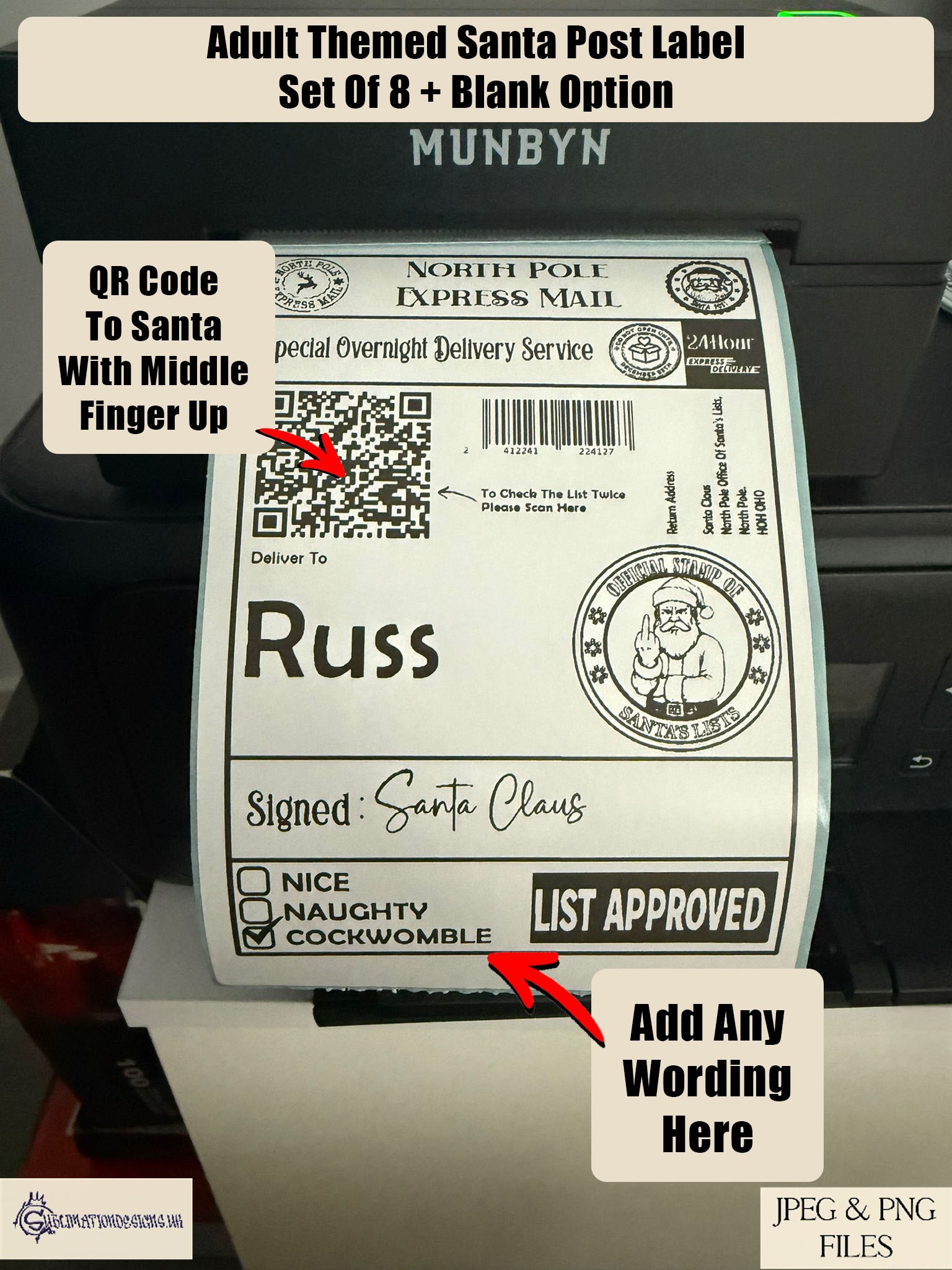 Adult humour North Pole post labels with naughty list designs, featuring QR codes and cheeky phrases