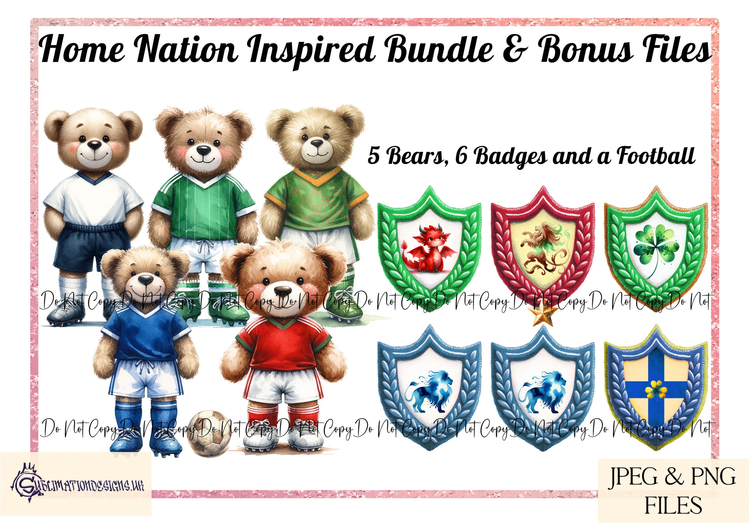 Home nation inspired football teddy bear designs with bonus badges and football element