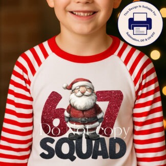 Santa 6 7 Squad and 6 7 Bruh Christmas meme designs shown on product mock ups
