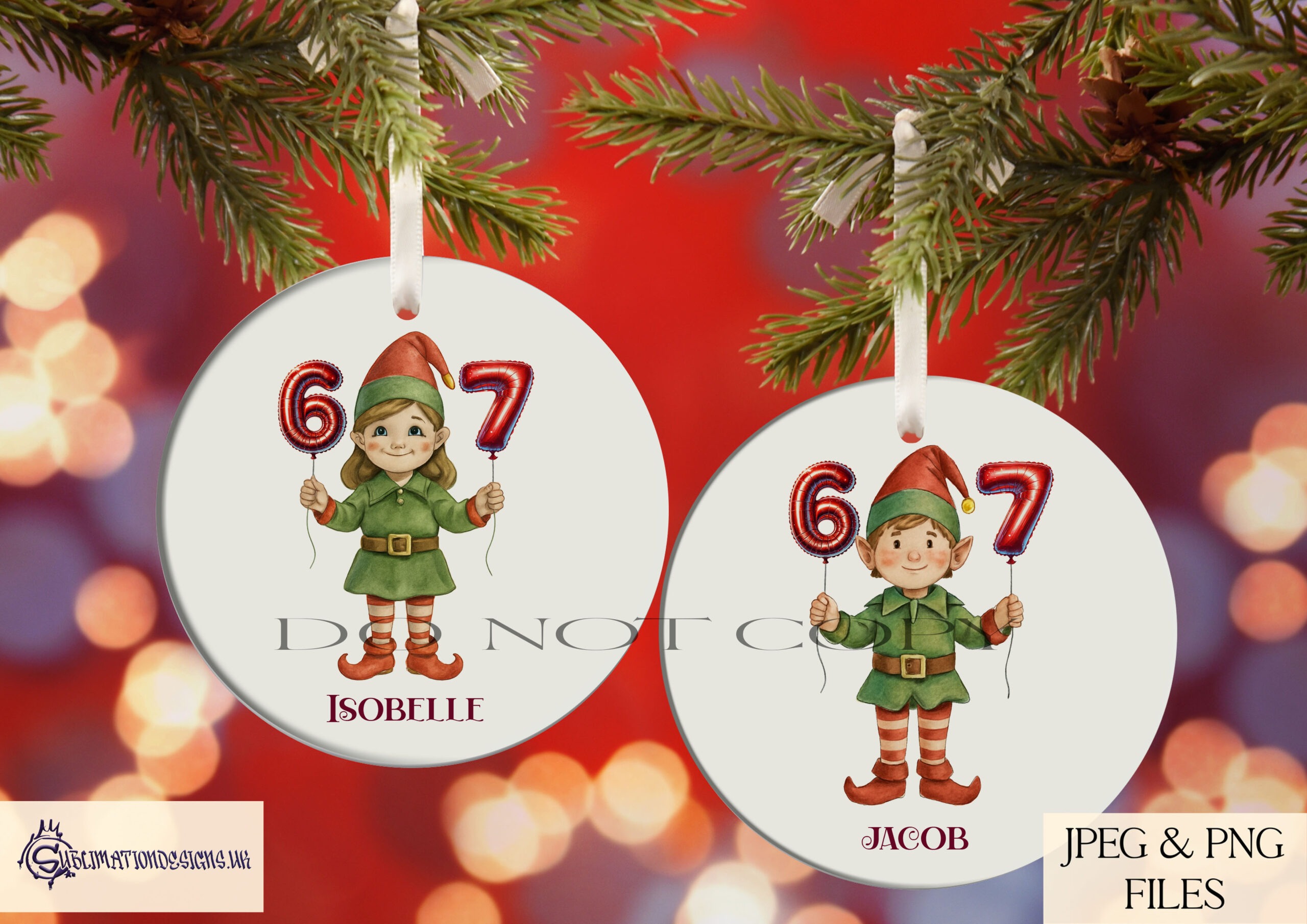 Comedy Christmas design featuring Santa and elves holding six and seven balloons