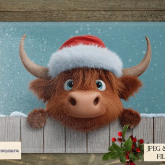 Peeking Christmas character design featuring Santa, elf, polar bear, penguin, reindeer, and Highland cows