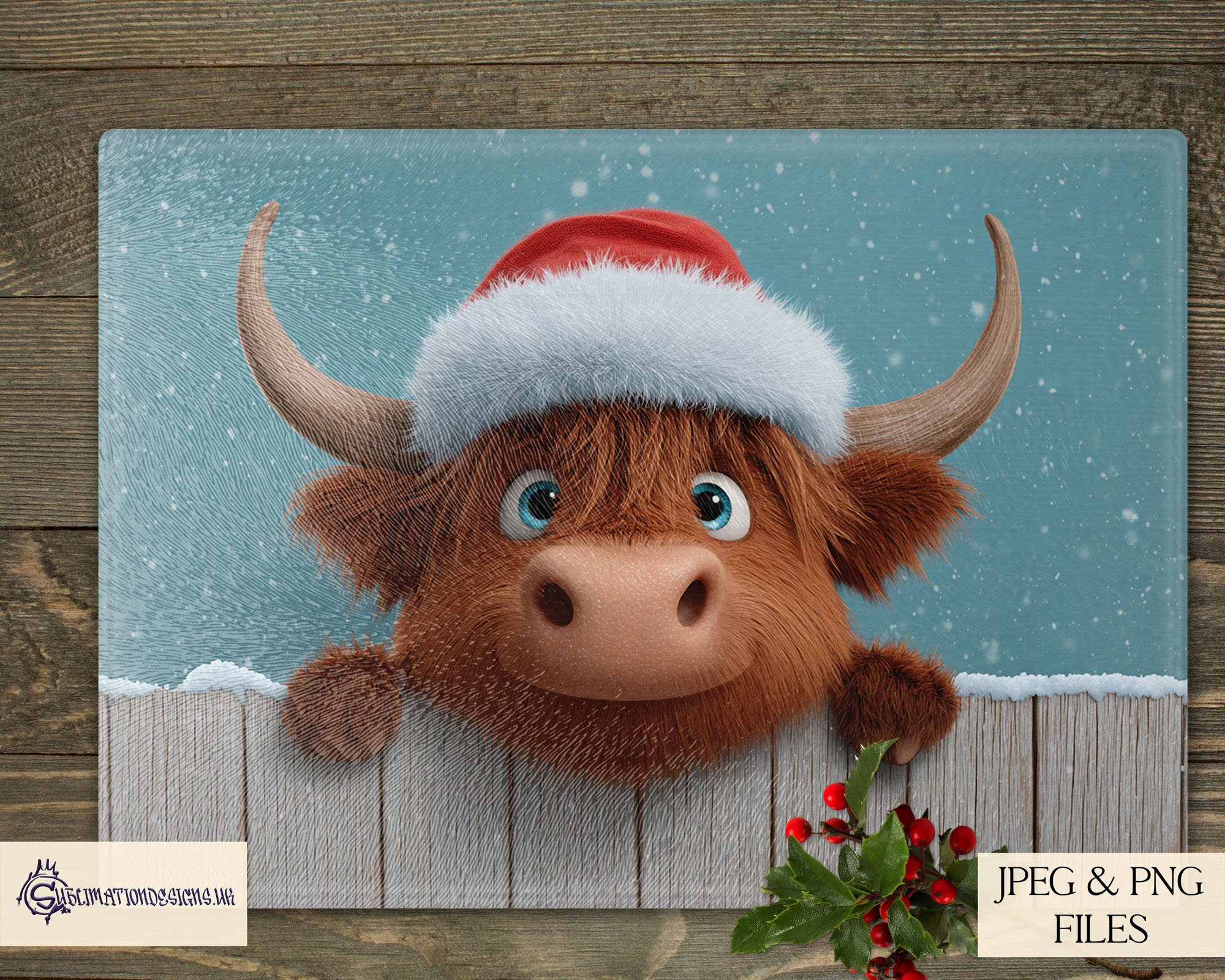 Peeking Christmas character design featuring Santa, elf, polar bear, penguin, reindeer, and Highland cows