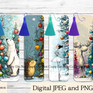 Enchanted Christmas Sketch Bookmark designs featuring animals, unicorns, and festive characters