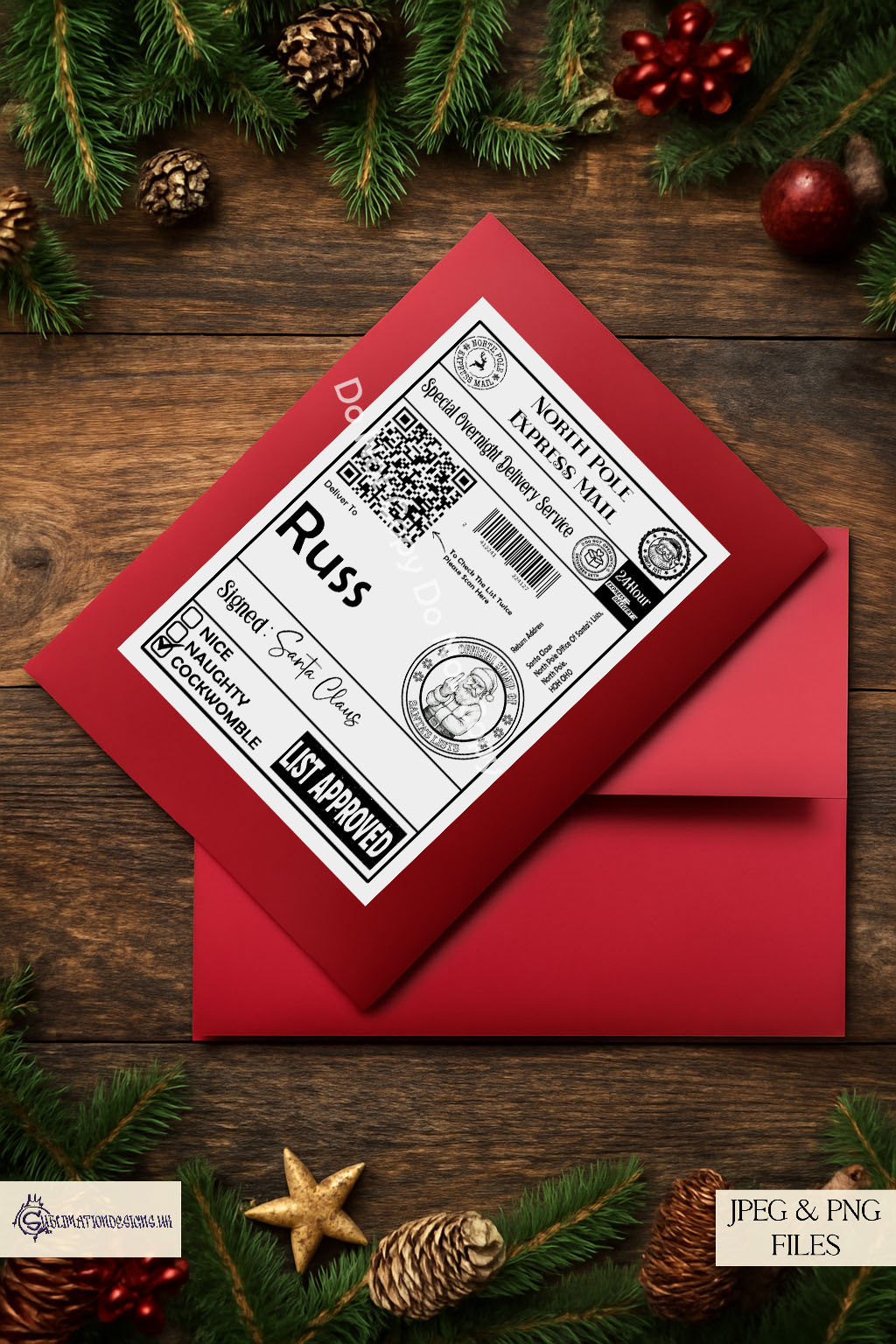 Adult humour North Pole post labels with naughty list designs, featuring QR codes and cheeky phrases