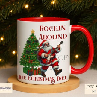 Rocking Santa Claus Christmas design featuring Santa playing guitar beside a Christmas tree