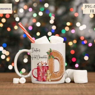 Gingerbread cookie alphabet letters in watercolour on red hot cocoa background