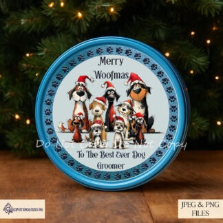 Dog sketch thank you tub topper designs in red, purple, and blue with Merry Woofmas wording