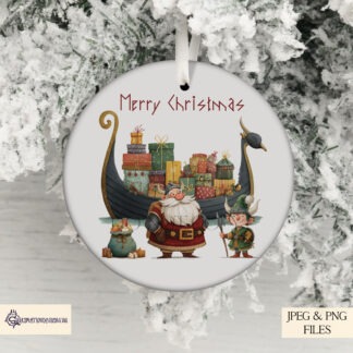 Viking Christmas design set featuring Viking Santa, Viking elves and Viking boat filled with gifts