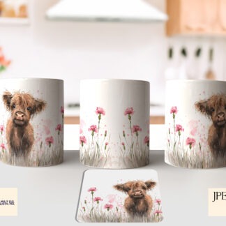 Highland cow calf in a carnation field on A4, square and mug wrap templates