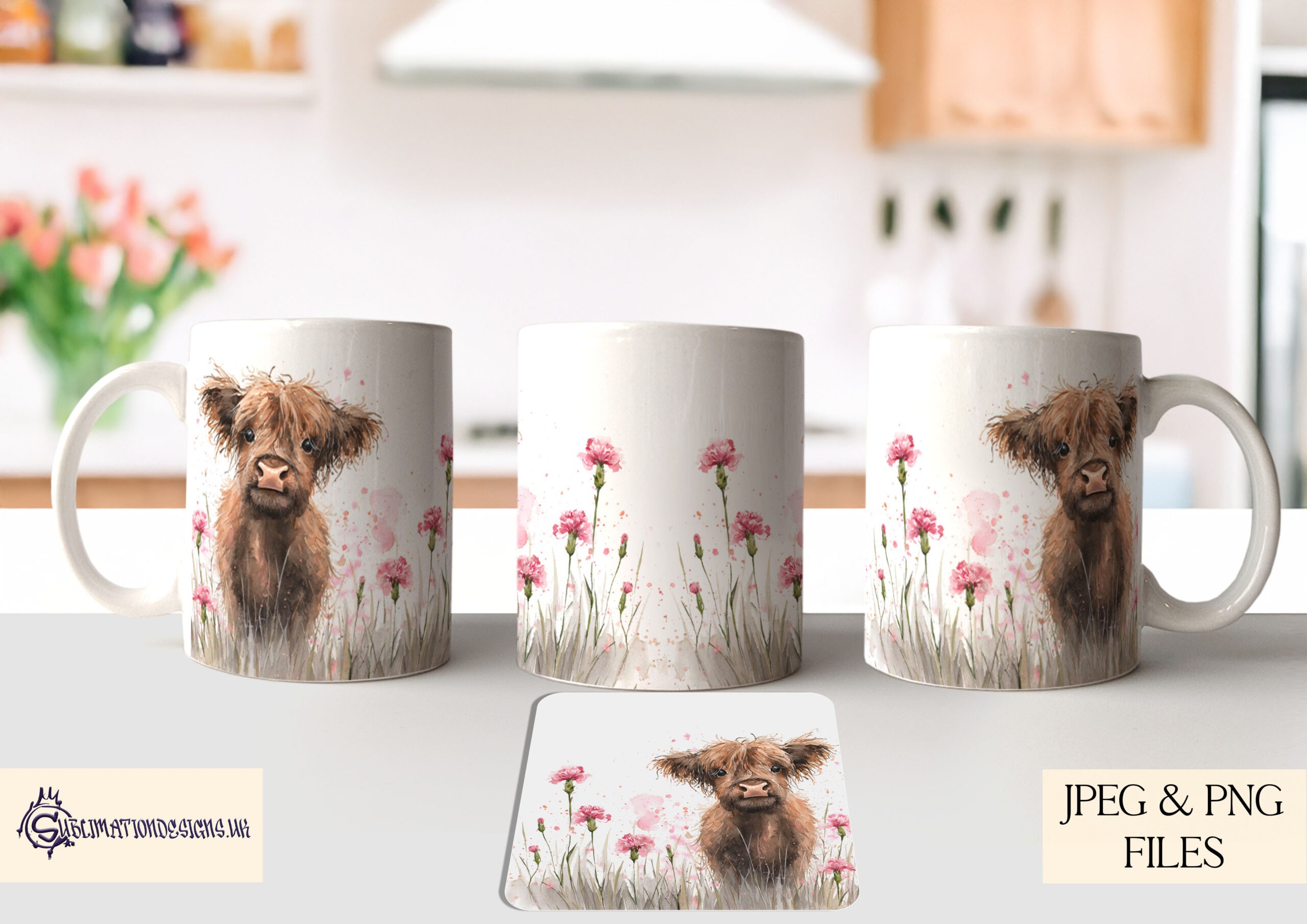 Highland cow calf in a carnation field on A4, square and mug wrap templates