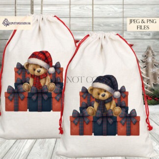 Teddy bear Christmas design in navy and red colourways with matching presents