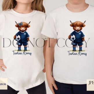 Scotland football Highland cow designs including boy and girl variations with textless and goal background options