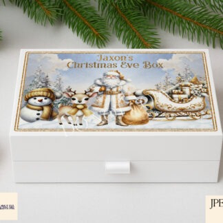 Santa and Friends white and gold landscape design shown on product mock ups