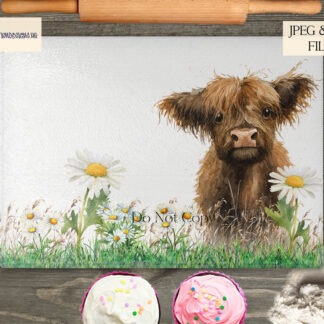 highland cow in daisy field designs