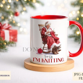 Mrs Claus knitting artwork with humorous wording options shown on product mock ups