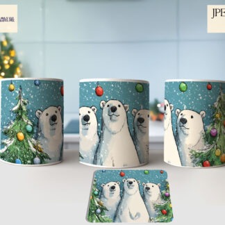 Christmas Polar Bear mug wrap and matching coaster design in sketch style
