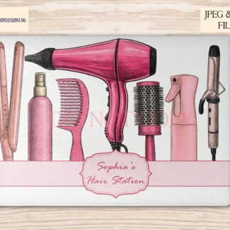 Pink hair station design featuring hairdryer and straightener with name banner option