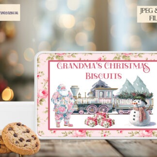 Floral Christmas design featuring festive trains, baubles, and chopping board artwork in vintage-inspired style