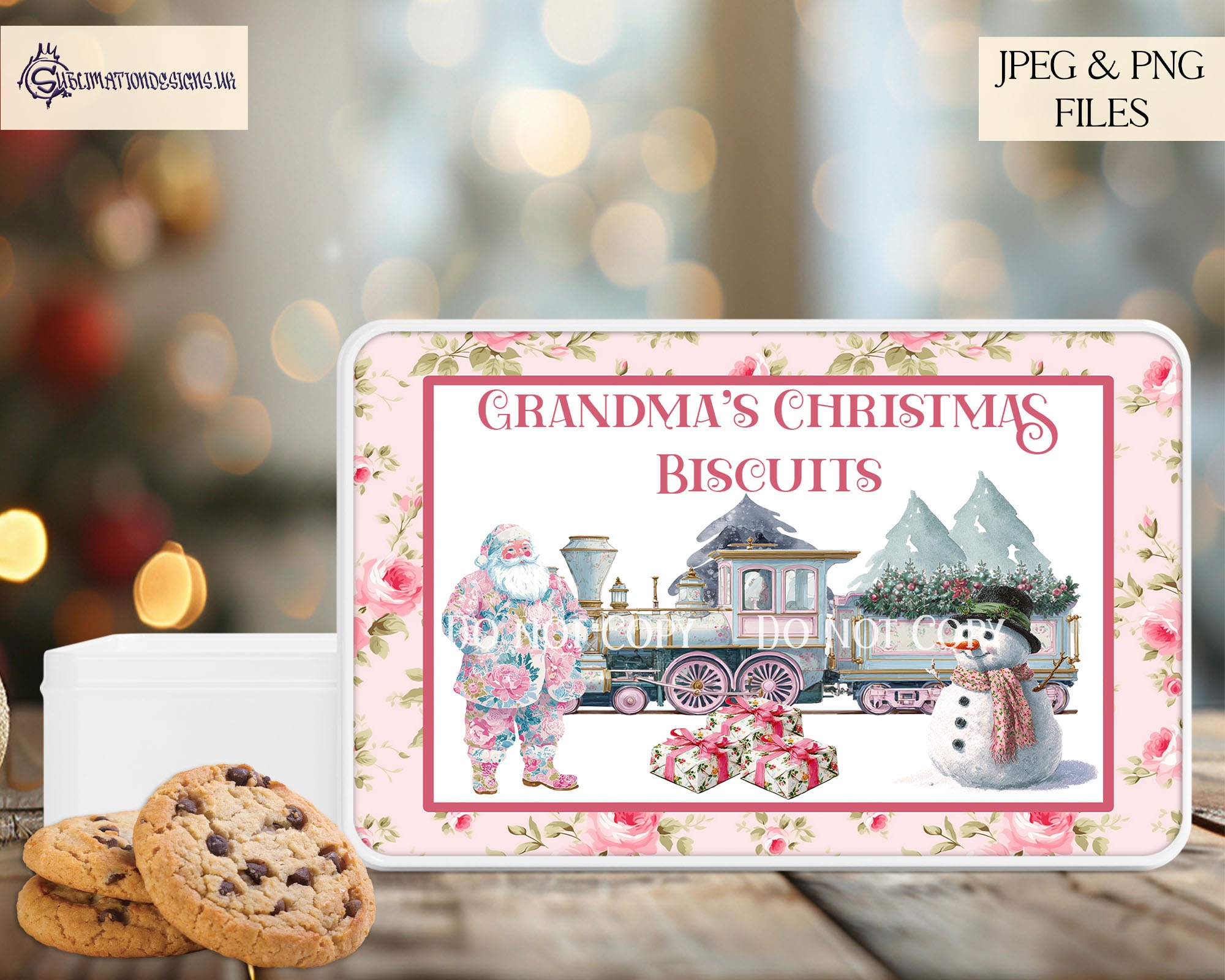 Floral Christmas design featuring festive trains, baubles, and chopping board artwork in vintage-inspired style