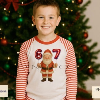 Comedy Christmas design featuring Santa and elves holding six and seven balloons