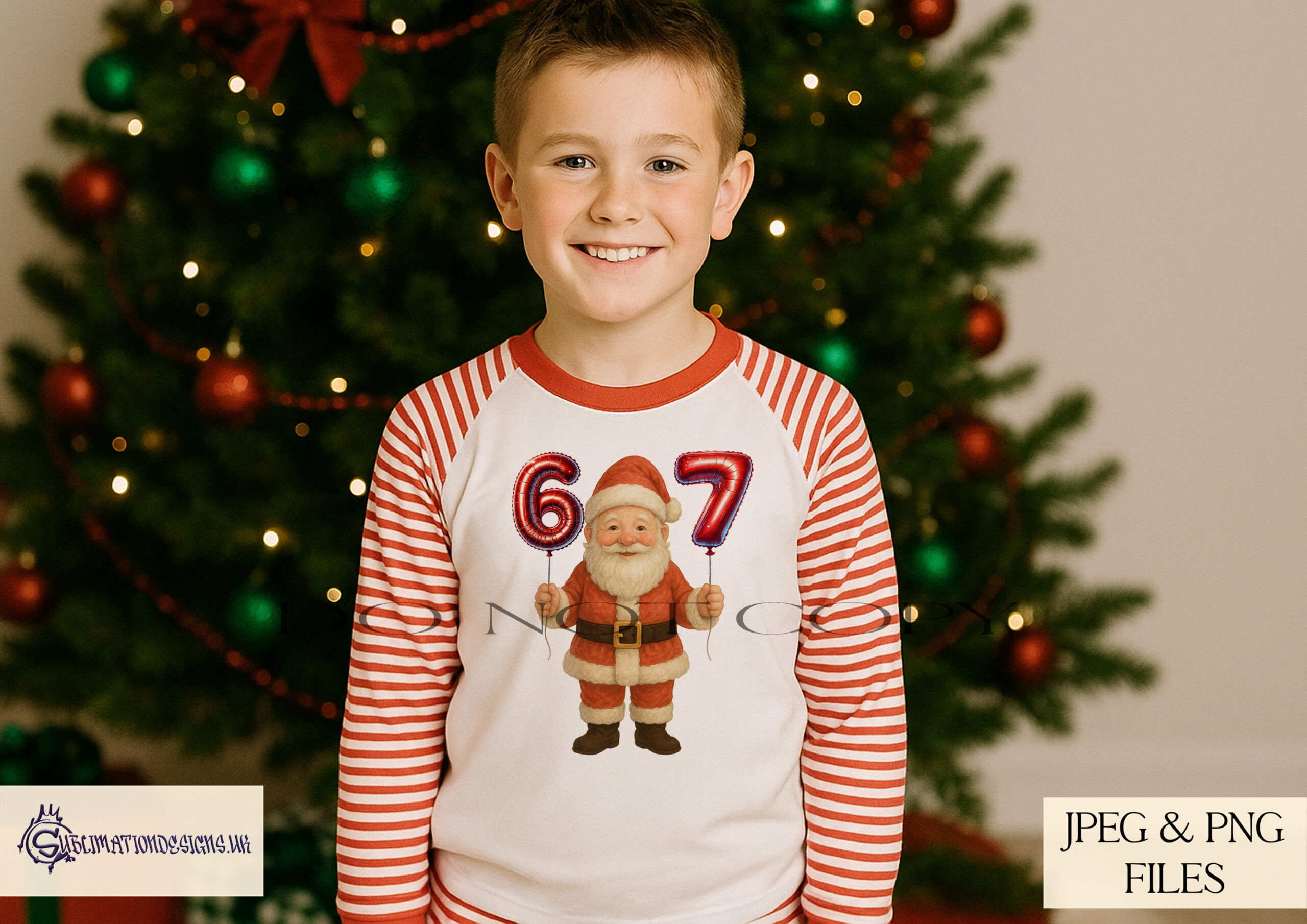 Comedy Christmas design featuring Santa and elves holding six and seven balloons