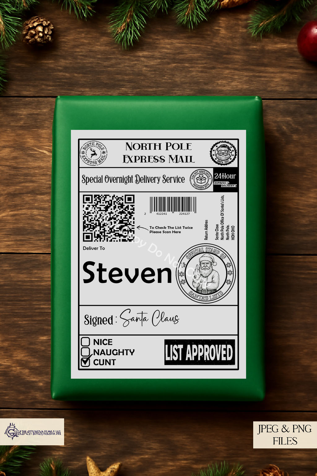 Adult humour North Pole post labels with naughty list designs, featuring QR codes and cheeky phrases