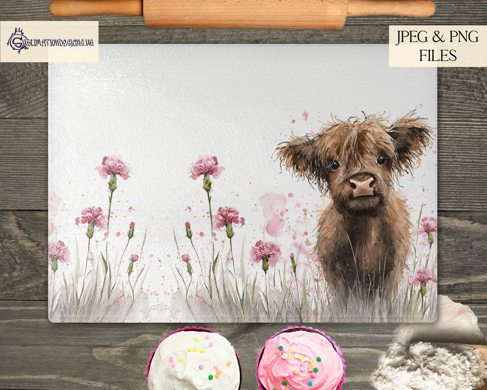 Highland cow calf in a carnation field on A4, square and mug wrap templates