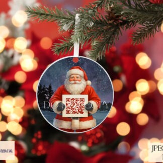 Santa holding a NORAD tracker code on two circular bauble designs