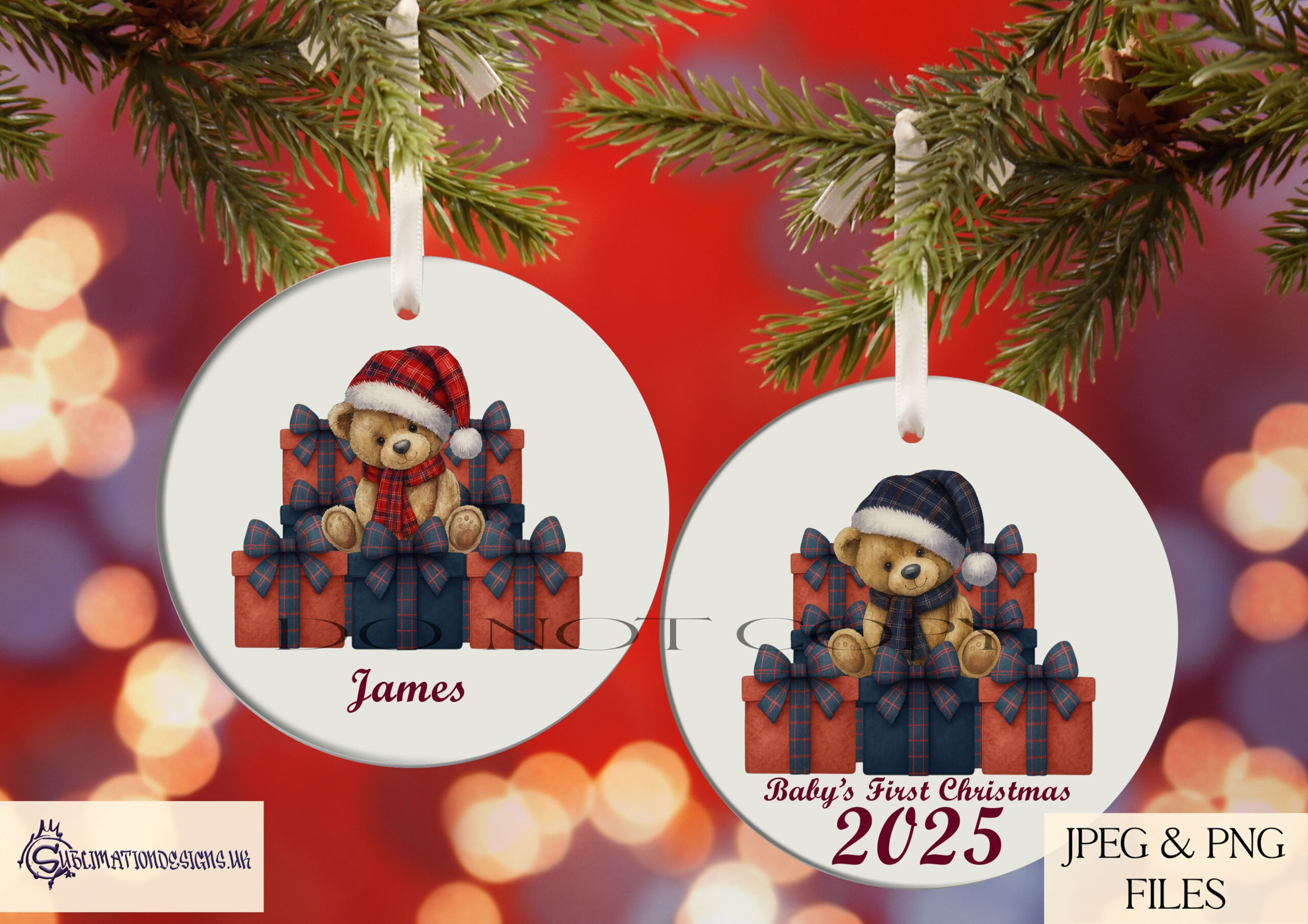 Teddy bear Christmas design in navy and red colourways with matching presents
