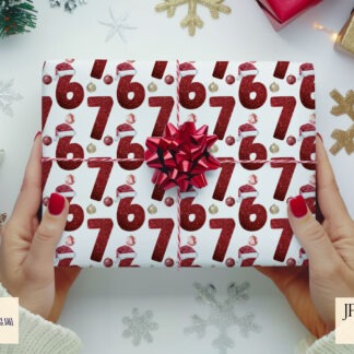 Six Seven repeat patterns and mug wrap designs shown in red, green and gold on product mock ups