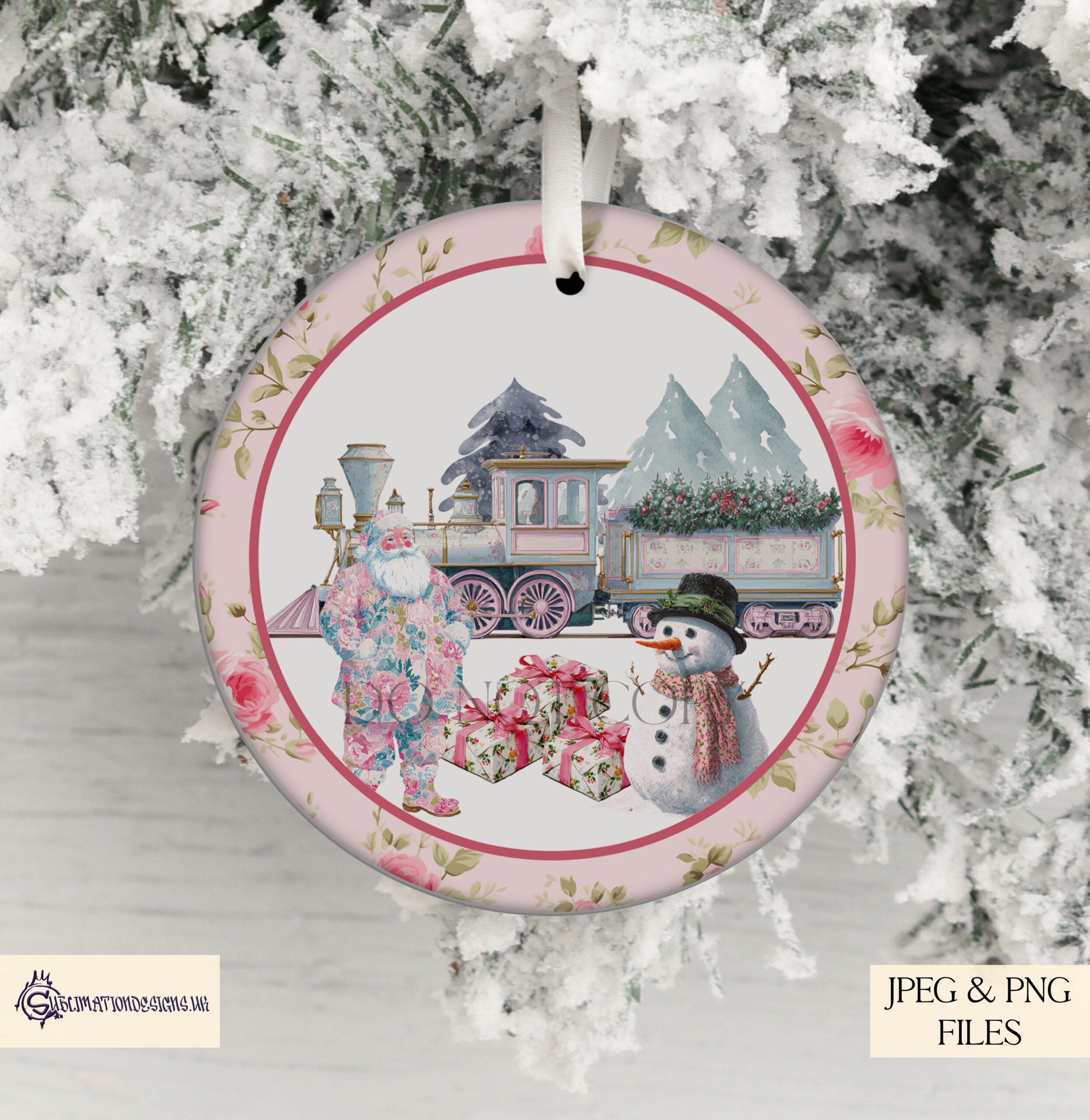 Floral Christmas design featuring festive trains, baubles, and chopping board artwork in vintage-inspired style