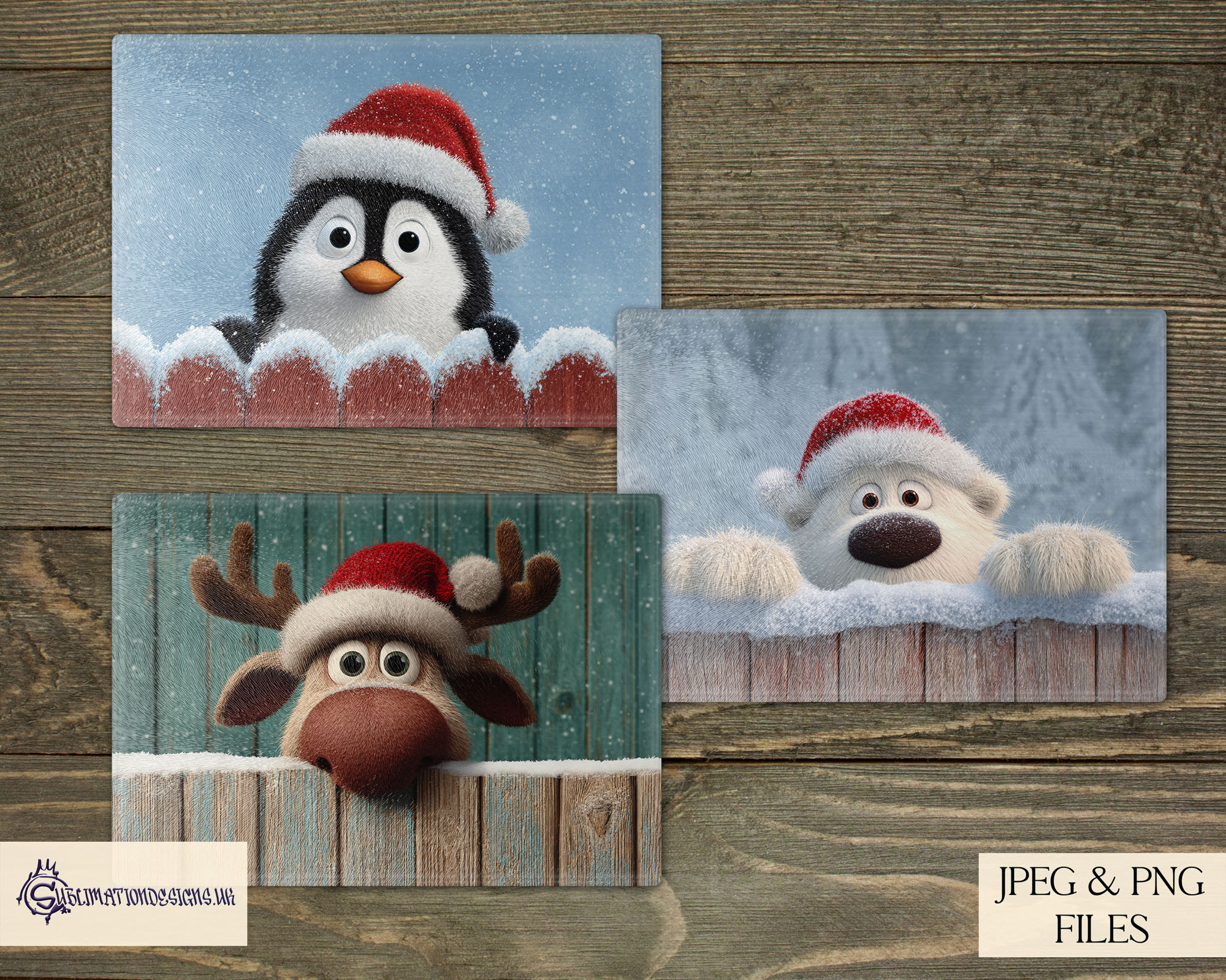 Peeking Christmas character design featuring Santa, elf, polar bear, penguin, reindeer, and Highland cows