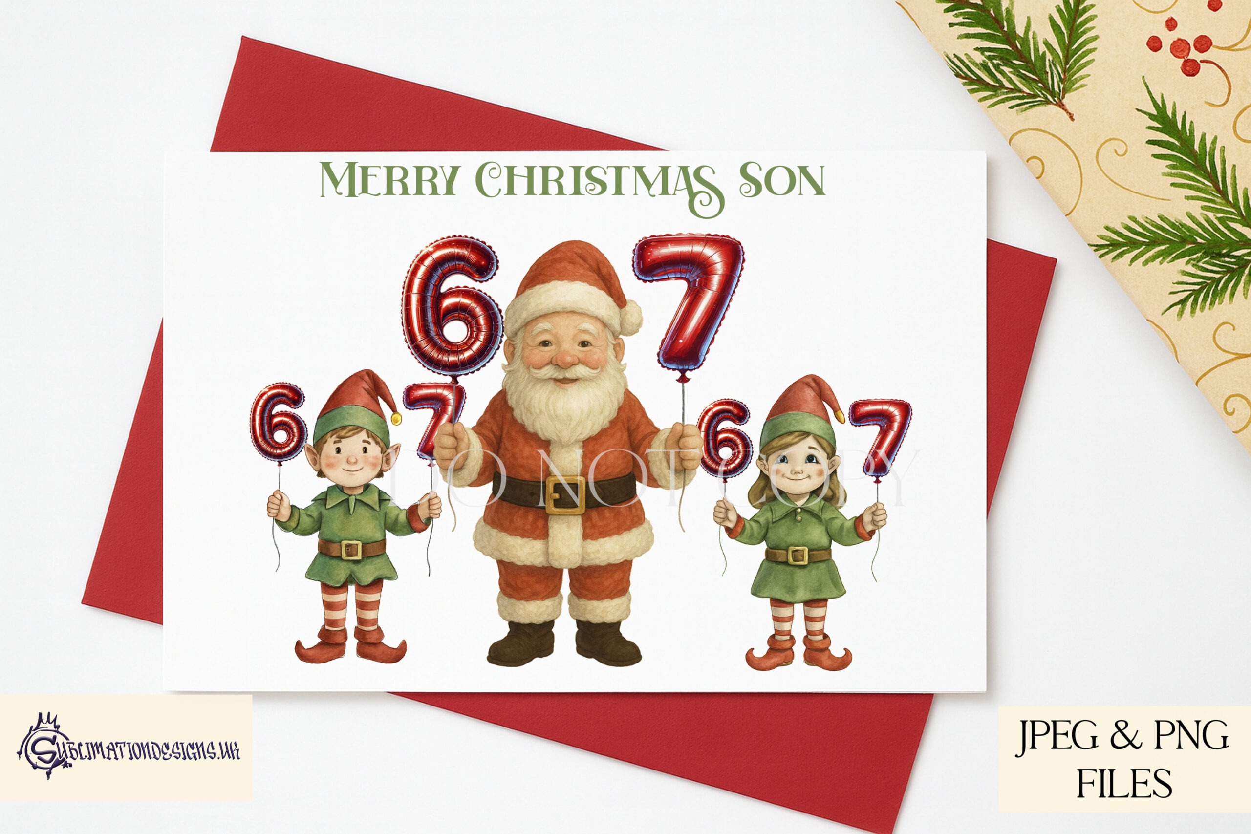 Comedy Christmas design featuring Santa and elves holding six and seven balloons