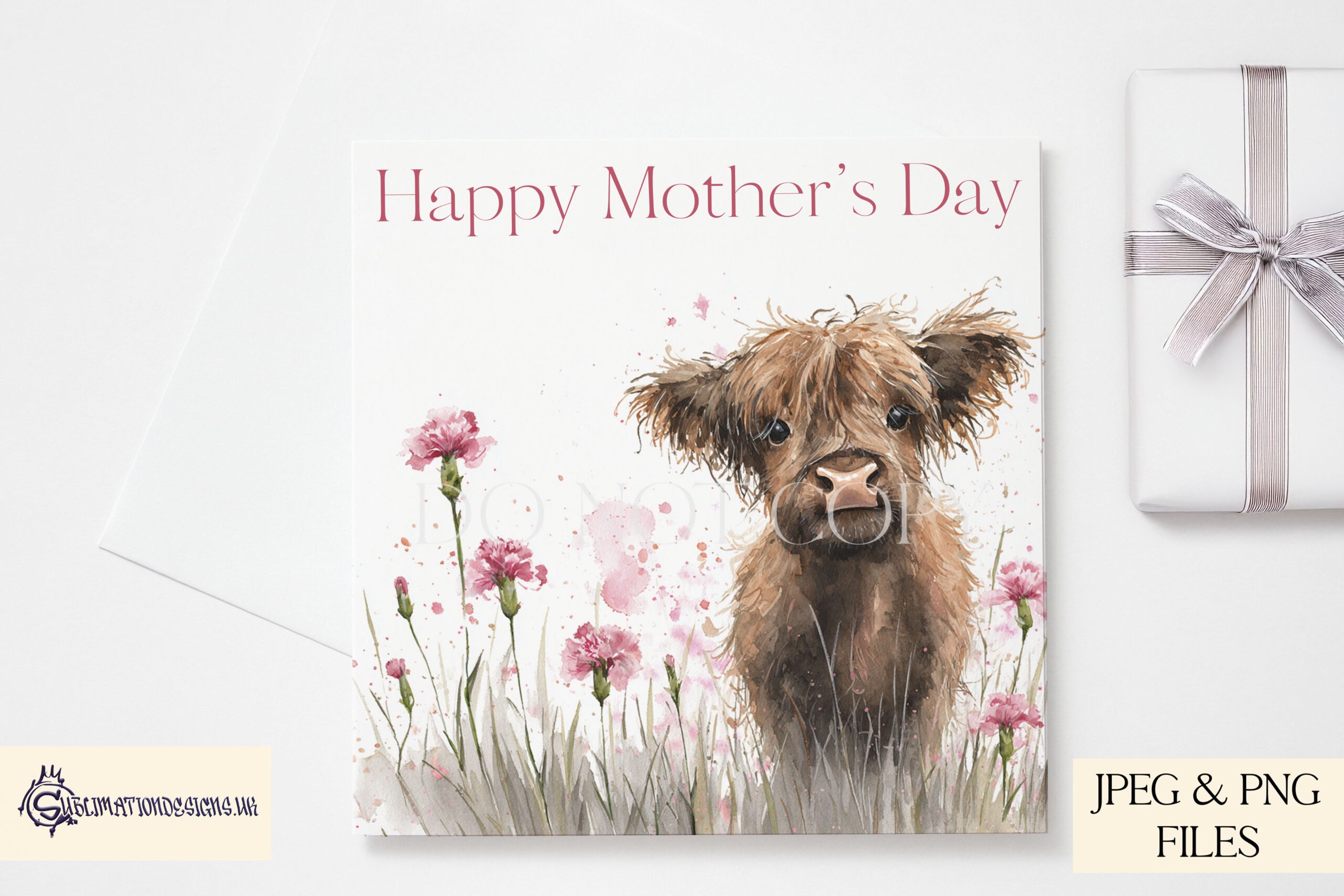 Highland cow calf in a carnation field on A4, square and mug wrap templates
