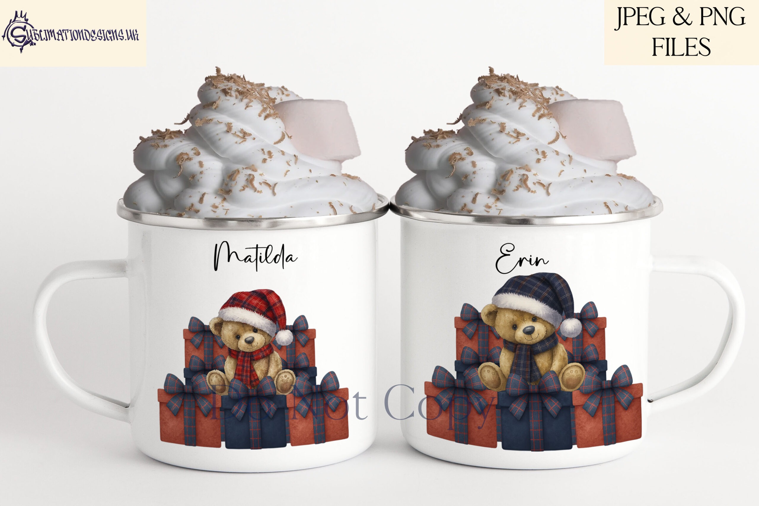 Teddy bear Christmas design in navy and red colourways with matching presents